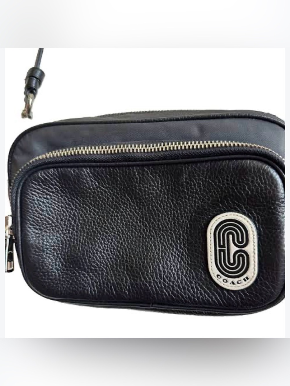 COACH court Black Pebbled Leather Crossbody Bag with Logo Patch